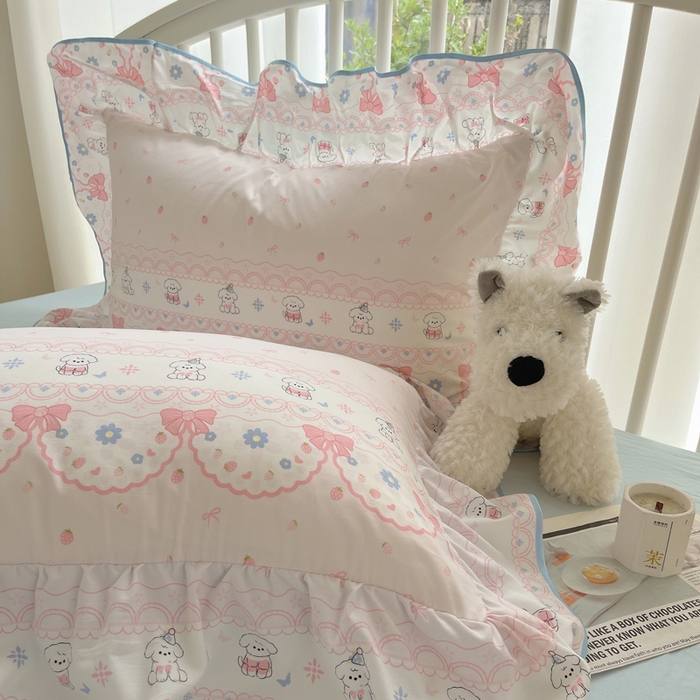 91家纺网 家纺一手货源 找家纺 顾里家纺 2025春夏新款韩系云朵棉夏被夏凉被空调被四件套 蕾丝小狗-粉