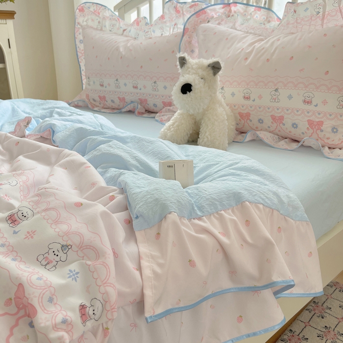 91家纺网 家纺一手货源 找家纺 顾里家纺 2025春夏新款韩系云朵棉夏被夏凉被空调被四件套 蕾丝小狗-粉