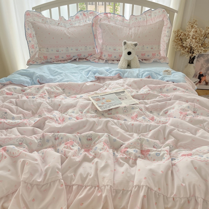 91家纺网 家纺一手货源 找家纺 顾里家纺 2025春夏新款韩系云朵棉夏被夏凉被空调被四件套 蕾丝小狗-粉