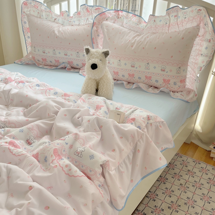 91家纺网 家纺一手货源 找家纺 顾里家纺 2025春夏新款韩系云朵棉夏被夏凉被空调被四件套 蕾丝小狗-粉