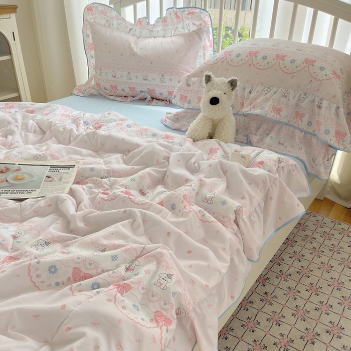 91家纺网 家纺一手货源 找家纺 顾里家纺 2025春夏新款韩系云朵棉夏被夏凉被空调被四件套 蕾丝小狗-粉