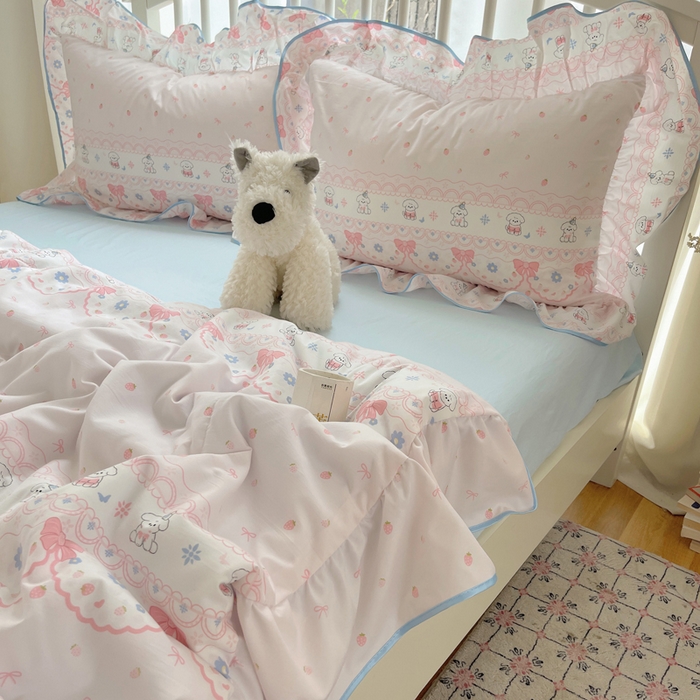 91家纺网 家纺一手货源 找家纺 顾里家纺 2025春夏新款韩系云朵棉夏被夏凉被空调被四件套 蕾丝小狗-粉