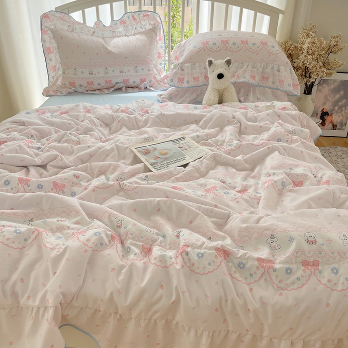 91家纺网 家纺一手货源 找家纺 顾里家纺 2025春夏新款韩系云朵棉夏被夏凉被空调被四件套 蕾丝小狗-粉