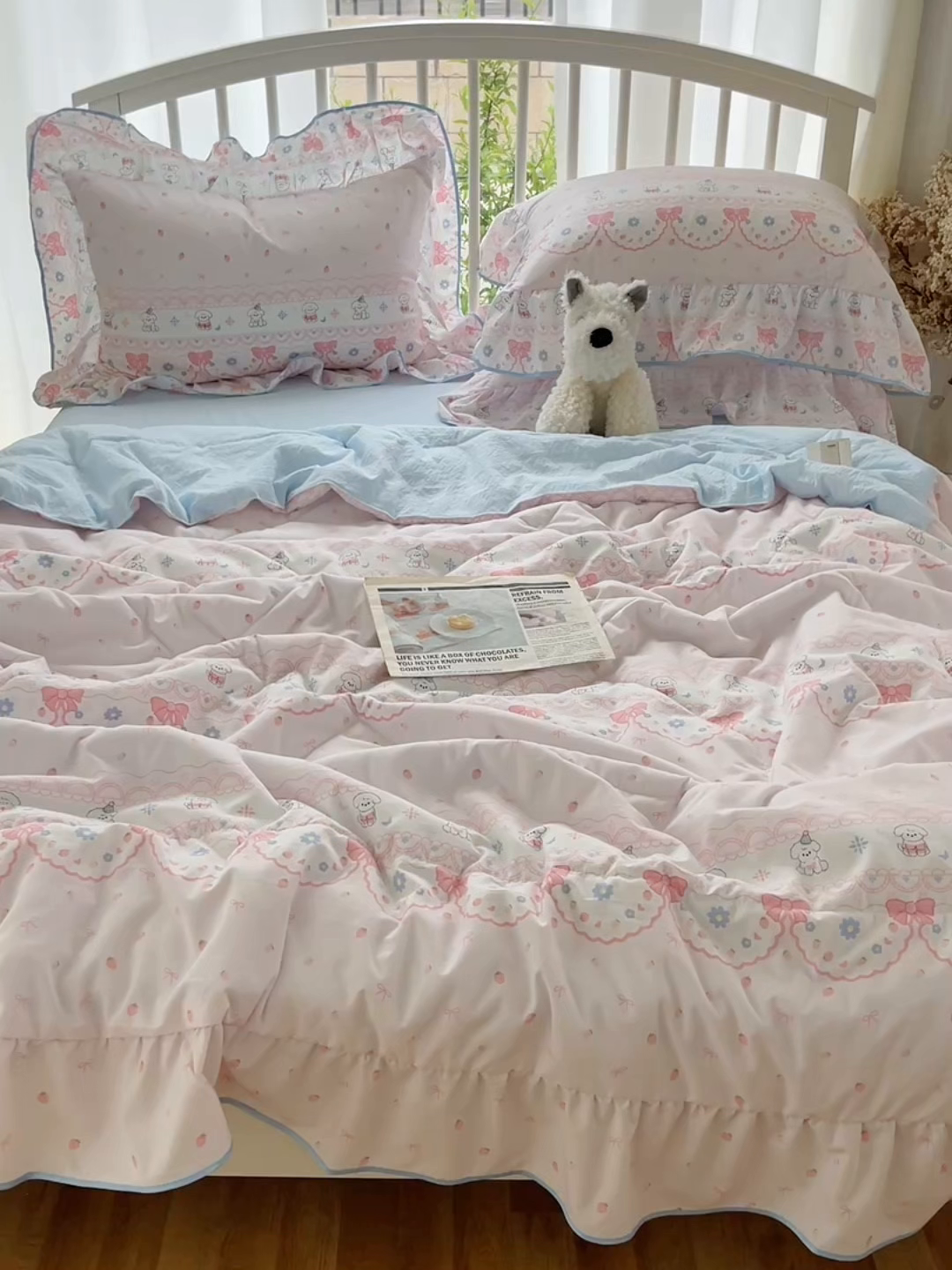 91家纺网 家纺一手货源 找家纺 顾里家纺 2025春夏新款韩系云朵棉夏被夏凉被空调被四件套 蕾丝小狗-粉