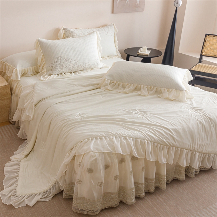 91家纺网 家纺一手货源 找家纺 （总）好儿喜家纺 2025新款A类海洋丝凉感夏被夏凉被空调被豆豆席席子凉席床裙四件套--赫本系列