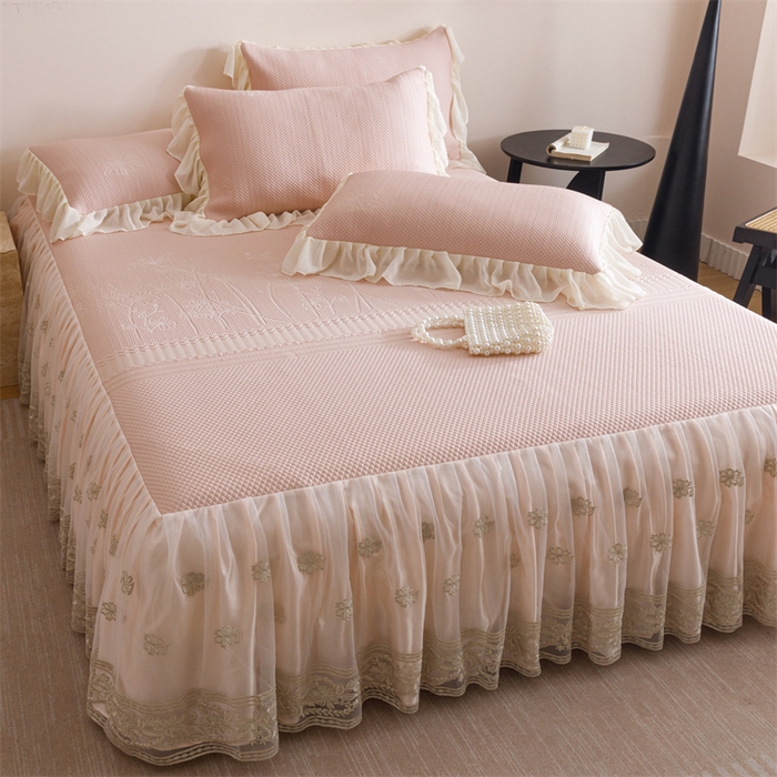 91家纺网 家纺一手货源 找家纺 好儿喜家纺 2025新款A类海洋丝凉感夏被夏凉被空调被豆豆席席子凉席床裙四件套--赫本系列 赫本-风信子粉