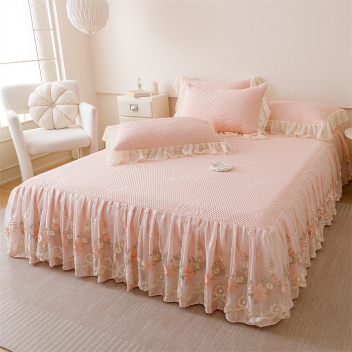 91家纺网 家纺一手货源 找家纺 （总）好儿喜家纺 2025新款A类海洋丝凉感豆豆席席子凉席床裙三件套--花香系列