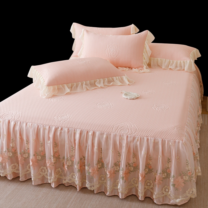 91家纺网 家纺一手货源 找家纺 （总）好儿喜家纺 2025新款A类海洋丝凉感豆豆席席子凉席床裙三件套--花香系列