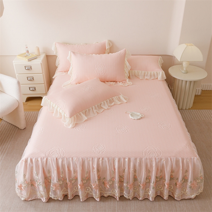 91家纺网 家纺一手货源 找家纺 好儿喜家纺 2025新款A类海洋丝凉感夏被夏凉被空调被豆豆席席子凉席床裙四件套--花香系列 花香-浅粉