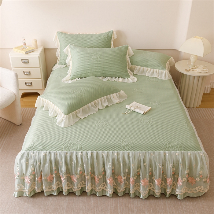 91家纺网 家纺一手货源 找家纺 好儿喜家纺 2025新款A类海洋丝凉感豆豆席席子凉席床裙三件套--花香系列 花香-橄榄绿