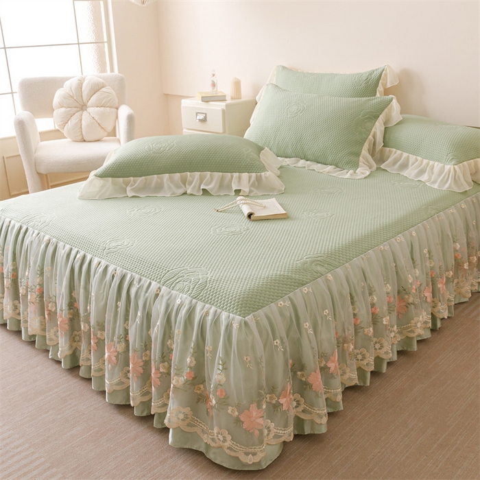 91家纺网 家纺一手货源 找家纺 好儿喜家纺 2025新款A类海洋丝凉感豆豆席席子凉席床裙三件套--花香系列 花香-橄榄绿