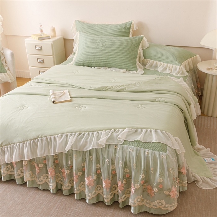 91家纺网 家纺一手货源 找家纺 好儿喜家纺 2025新款A类海洋丝凉感夏被夏凉被空调被豆豆席席子凉席床裙四件套--花香系列 花香-橄榄绿