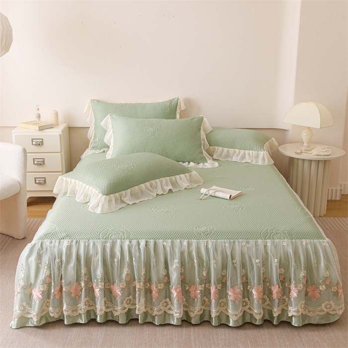 91家纺网 家纺一手货源 找家纺 好儿喜家纺 2025新款A类海洋丝凉感夏被夏凉被空调被豆豆席席子凉席床裙四件套--花香系列 花香-橄榄绿