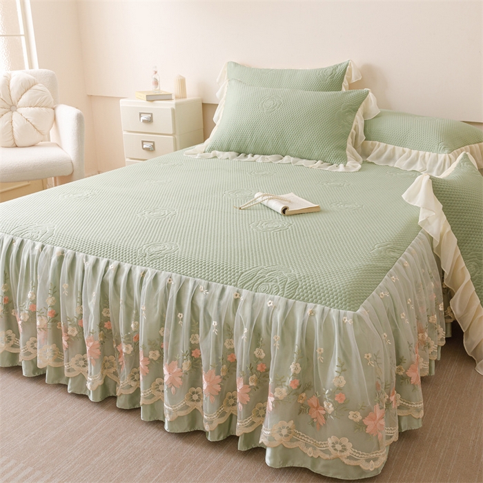 91家纺网 家纺一手货源 找家纺 好儿喜家纺 2025新款A类海洋丝凉感豆豆席席子凉席床裙三件套--花香系列 花香-橄榄绿