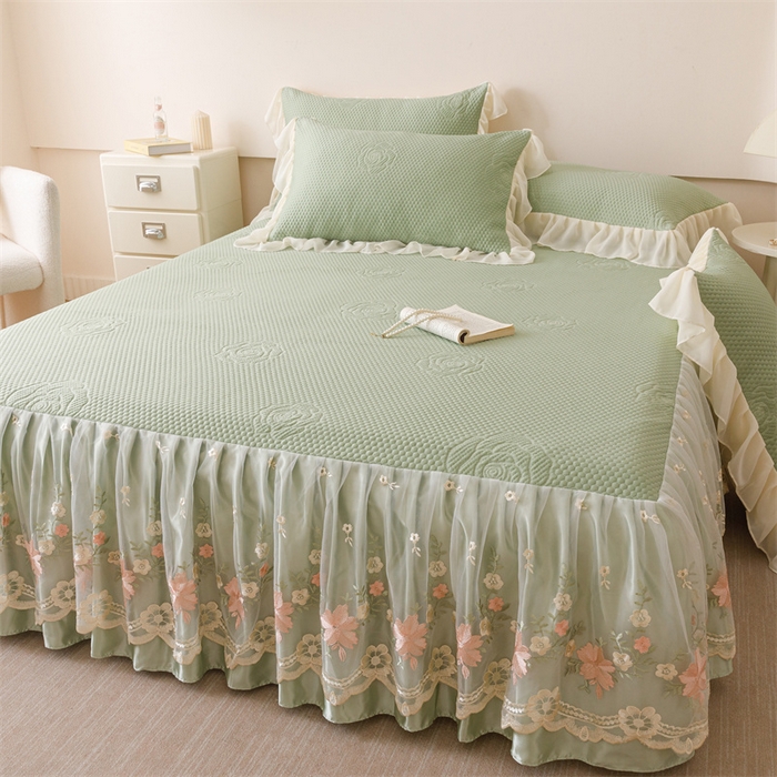 91家纺网 家纺一手货源 找家纺 好儿喜家纺 2025新款A类海洋丝凉感豆豆席席子凉席床裙三件套--花香系列 花香-橄榄绿