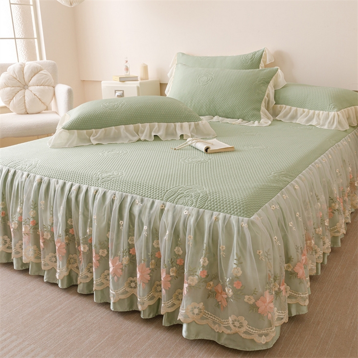 91家纺网 家纺一手货源 找家纺 好儿喜家纺 2025新款A类海洋丝凉感豆豆席席子凉席床裙三件套--花香系列 花香-橄榄绿