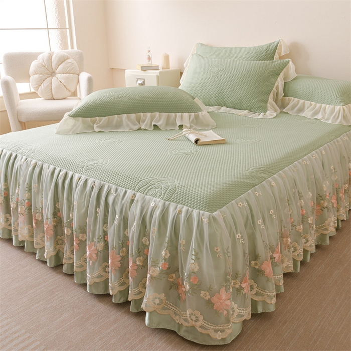 91家纺网 家纺一手货源 找家纺 好儿喜家纺 2025新款A类海洋丝凉感夏被夏凉被空调被豆豆席席子凉席床裙四件套--花香系列 花香-橄榄绿