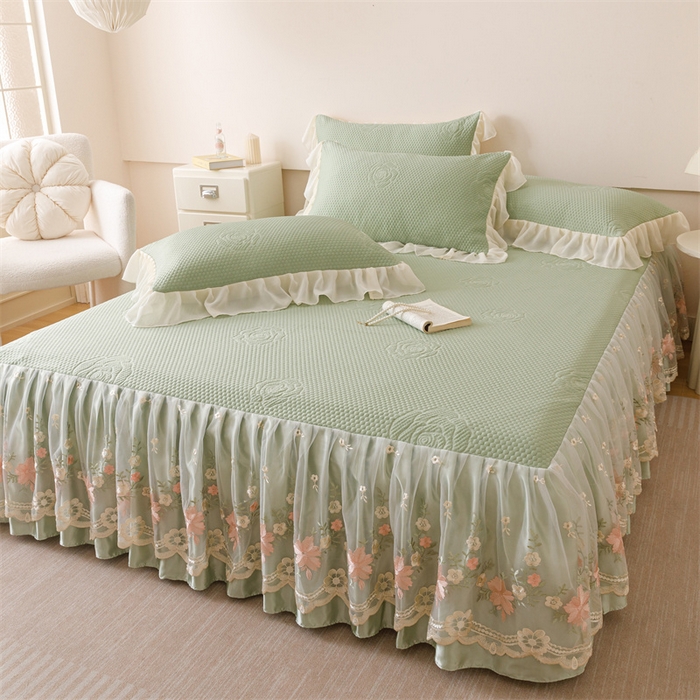 91家纺网 家纺一手货源 找家纺 好儿喜家纺 2025新款A类海洋丝凉感豆豆席席子凉席床裙三件套--花香系列 花香-橄榄绿