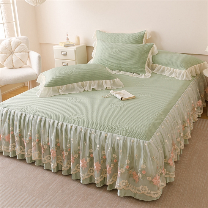 91家纺网 家纺一手货源 找家纺 好儿喜家纺 2025新款A类海洋丝凉感夏被夏凉被空调被豆豆席席子凉席床裙四件套--花香系列 花香-橄榄绿