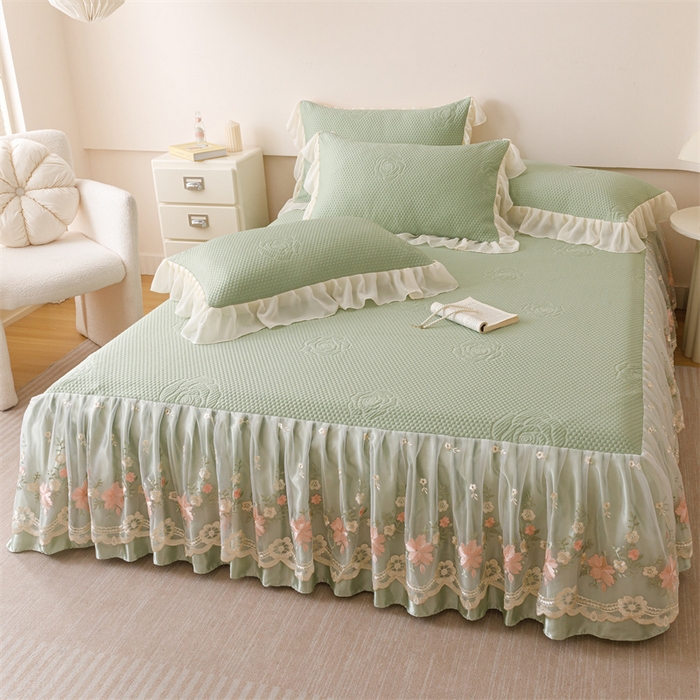 91家纺网 家纺一手货源 找家纺 好儿喜家纺 2025新款A类海洋丝凉感夏被夏凉被空调被豆豆席席子凉席床裙四件套--花香系列 花香-橄榄绿