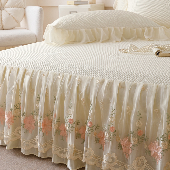 91家纺网 家纺一手货源 找家纺 好儿喜家纺 2025新款A类海洋丝凉感豆豆席席子凉席床裙三件套--花香系列 花香-奶白