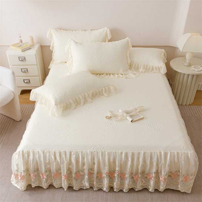 91家纺网 家纺一手货源 找家纺 好儿喜家纺 2025新款A类海洋丝凉感夏被夏凉被空调被豆豆席席子凉席床裙四件套--花香系列 花香-奶白