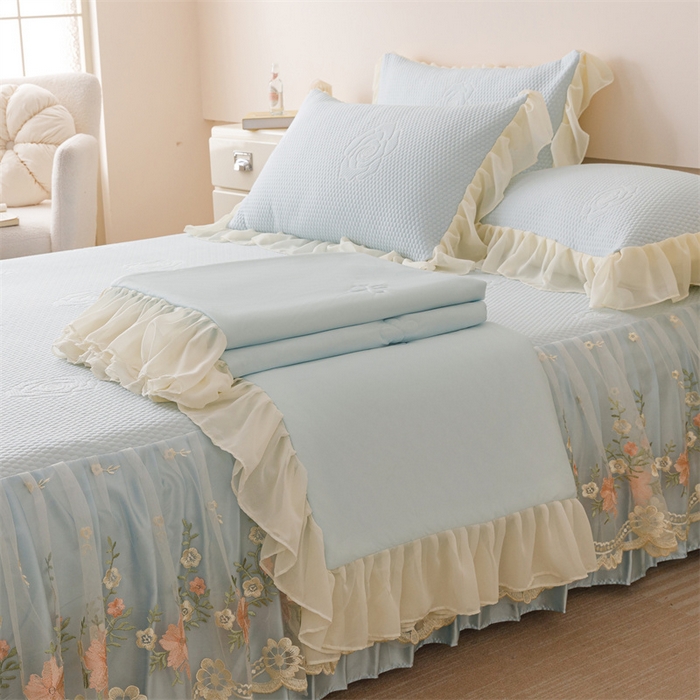 好儿喜家纺 2025新款A类海洋丝凉感夏被夏凉被空调被豆豆席席子凉席床裙四件套--花香系列 花香-浅蓝