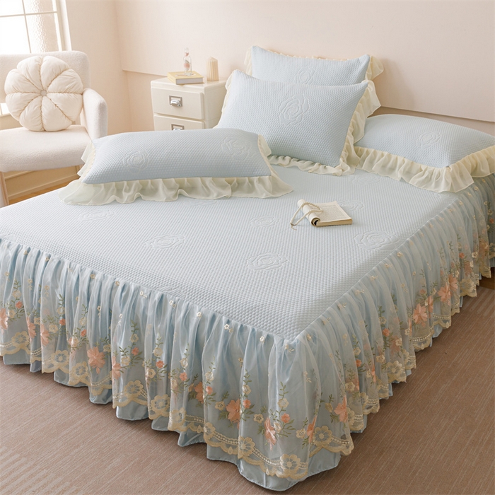 91家纺网 家纺一手货源 找家纺 好儿喜家纺 2025新款A类海洋丝凉感夏被夏凉被空调被豆豆席席子凉席床裙四件套--花香系列 花香-浅蓝