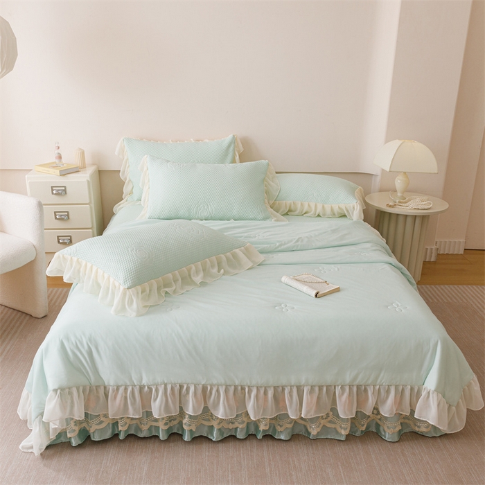 91家纺网 家纺一手货源 找家纺 好儿喜家纺 2025新款A类海洋丝凉感夏被夏凉被空调被豆豆席席子凉席床裙四件套--花香系列 花香-浅绿