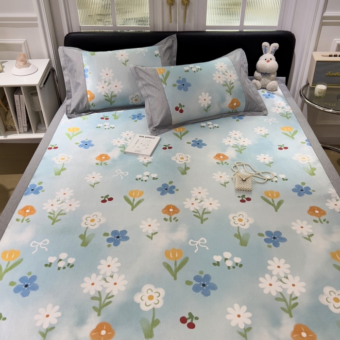 91家纺网 家纺一手货源 找家纺 水云缦 2025新款600D冰藤凉席冰丝席铺床款 铺床款-花朵