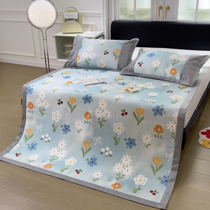 91家纺网 家纺一手货源 找家纺 水云缦 2025新款600D冰藤凉席冰丝席铺床款 铺床款-花朵