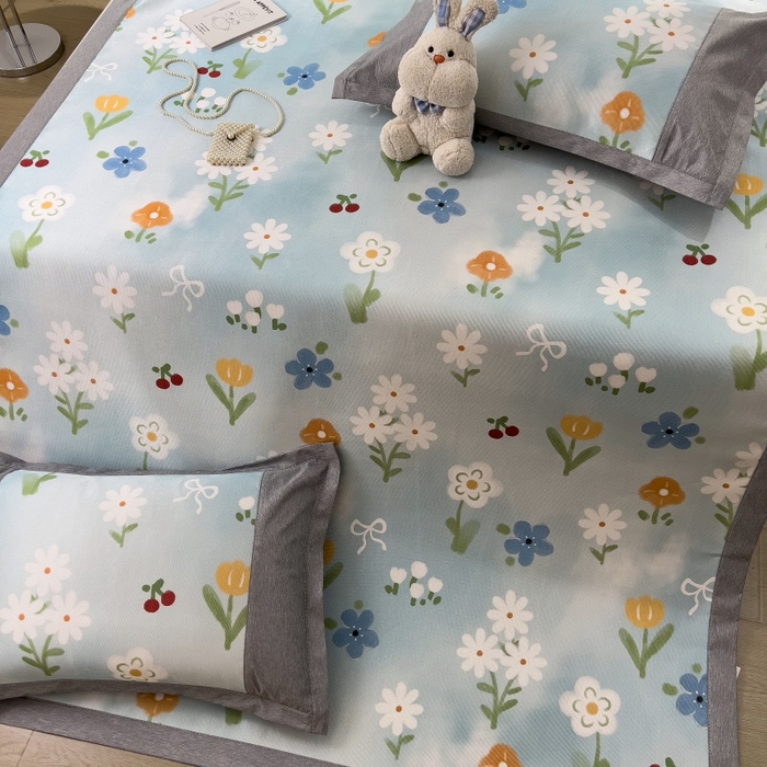 91家纺网 家纺一手货源 找家纺 水云缦 2025新款600D冰藤凉席冰丝席铺床款 铺床款-花朵