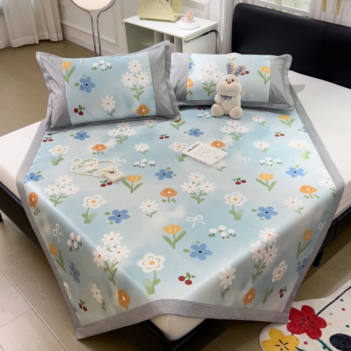 91家纺网 家纺一手货源 找家纺 水云缦 2025新款600D冰藤凉席冰丝席铺床款 铺床款-花朵