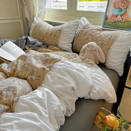 91家纺网 家纺一手货源 找家纺 阿曼达 2025新款浪漫的小法式系列花边款印花水洗m四件套 小法-未橘