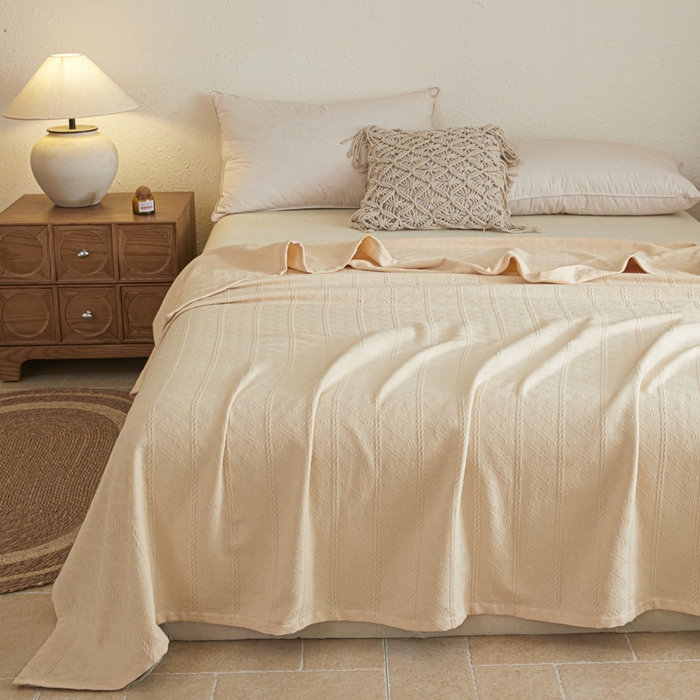 91家纺网 家纺一手货源 找家纺 悦然毛巾被 2025新款棉缇锦梦全棉夏用毛巾被盖毯 棉缇锦梦杏黄