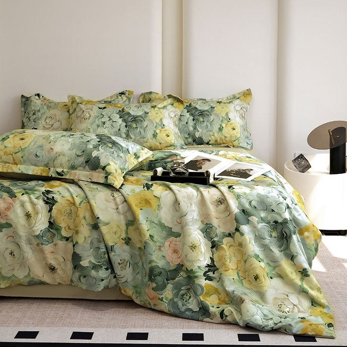 91家纺网 家纺一手货源 找家纺 典雅家纺 2025新款艾阳暖棉印花四件套 花海-抹茶绿