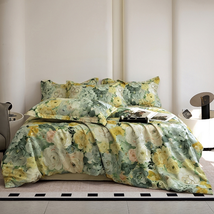 91家纺网 家纺一手货源 找家纺 典雅家纺 2025新款艾阳暖棉印花四件套 花海-抹茶绿