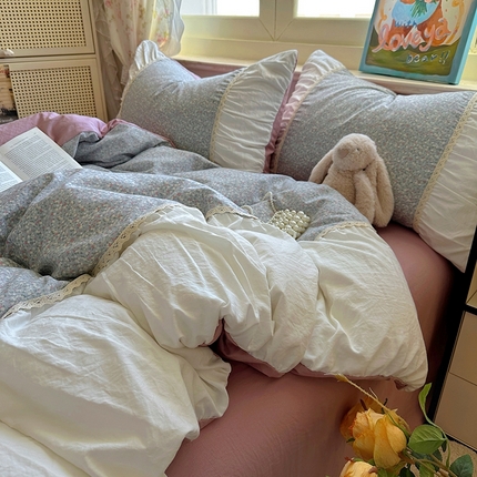 91家纺网 家纺一手货源 找家纺 阿曼达 2025新款浪漫的小法式系列花边款印花水洗m四件套 小法-春再