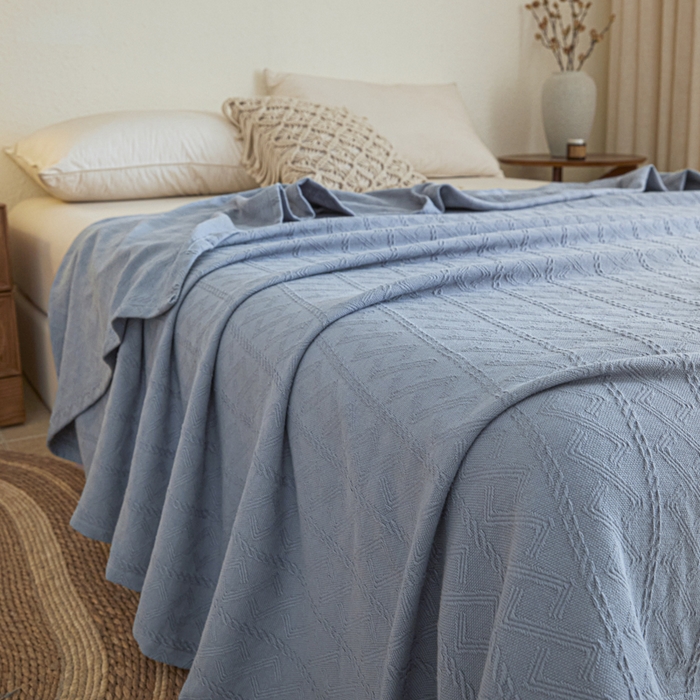 91家纺网 家纺一手货源 找家纺 悦然毛巾被 2025新款棉缇锦梦全棉夏用毛巾被盖毯 棉缇锦梦湖蓝