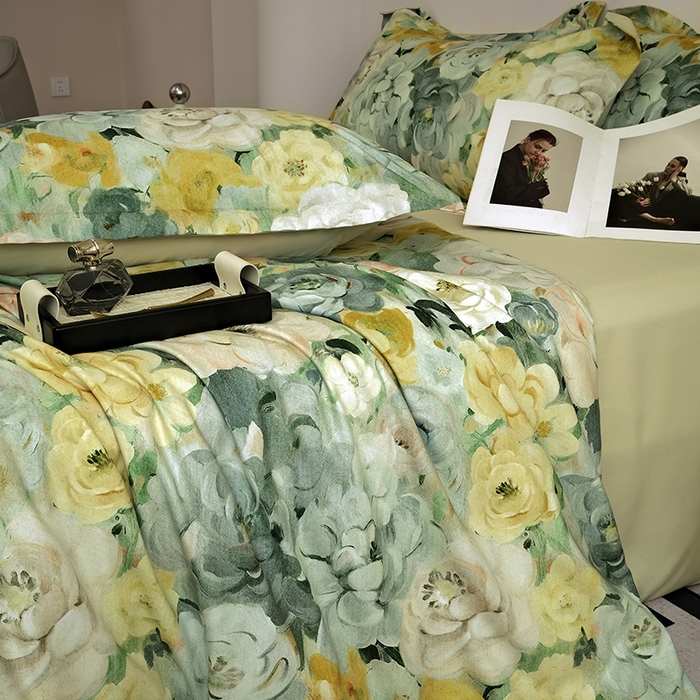 91家纺网 家纺一手货源 找家纺 典雅家纺 2025新款艾阳暖棉印花四件套 花海-抹茶绿