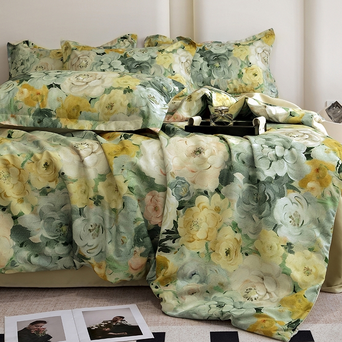 91家纺网 家纺一手货源 找家纺 典雅家纺 2025新款艾阳暖棉印花四件套 花海-抹茶绿