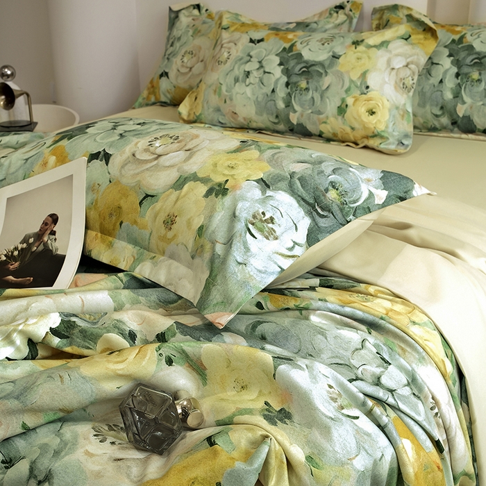 91家纺网 家纺一手货源 找家纺 典雅家纺 2025新款艾阳暖棉印花四件套 花海-抹茶绿