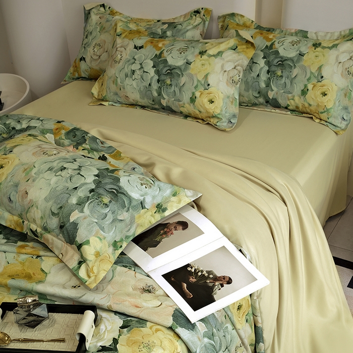 91家纺网 家纺一手货源 找家纺 典雅家纺 2025新款艾阳暖棉印花四件套 花海-抹茶绿