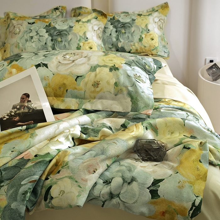 91家纺网 家纺一手货源 找家纺 典雅家纺 2025新款艾阳暖棉印花四件套 花海-抹茶绿