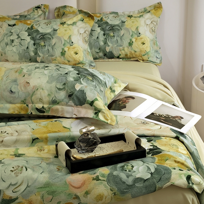 91家纺网 家纺一手货源 找家纺 典雅家纺 2025新款艾阳暖棉印花四件套 花海-抹茶绿