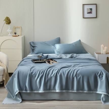 眷恋家纺 2025春夏新款双拼纯色60天丝夏被四件套 灰蓝色-冰川灰
