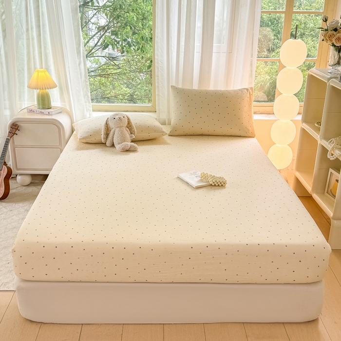 91家纺网 家纺一手货源 找家纺 仟网汇 2025新款云感棉双层纱床笠 彩波点