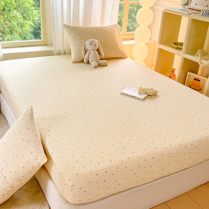 91家纺网 家纺一手货源 找家纺 仟网汇 2025新款云感棉双层纱床笠 彩波点