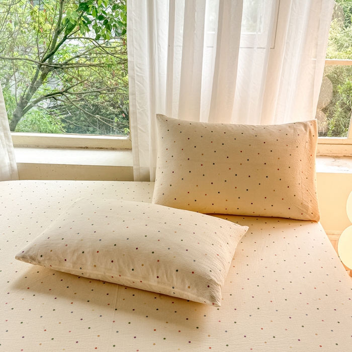 91家纺网 家纺一手货源 找家纺 仟网汇 2025新款云感棉双层纱床笠 彩波点