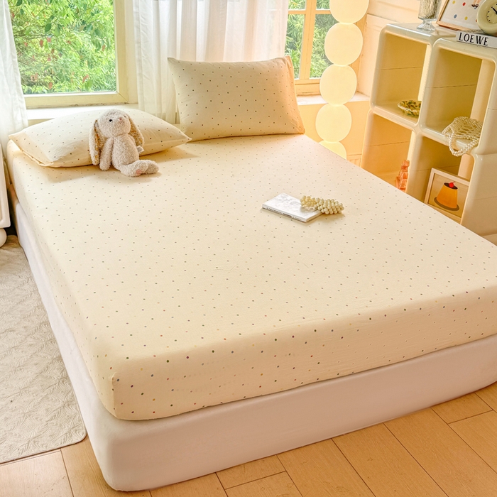 91家纺网 家纺一手货源 找家纺 仟网汇 2025新款云感棉双层纱床笠 彩波点